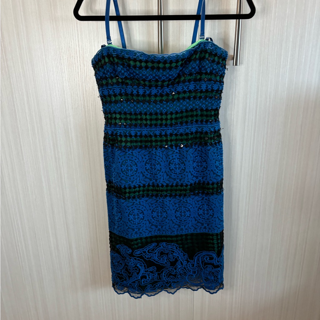 Bcbgmaxazria Manuela Blue And Black Green Mini Dress Spaghetti Strap Size 4